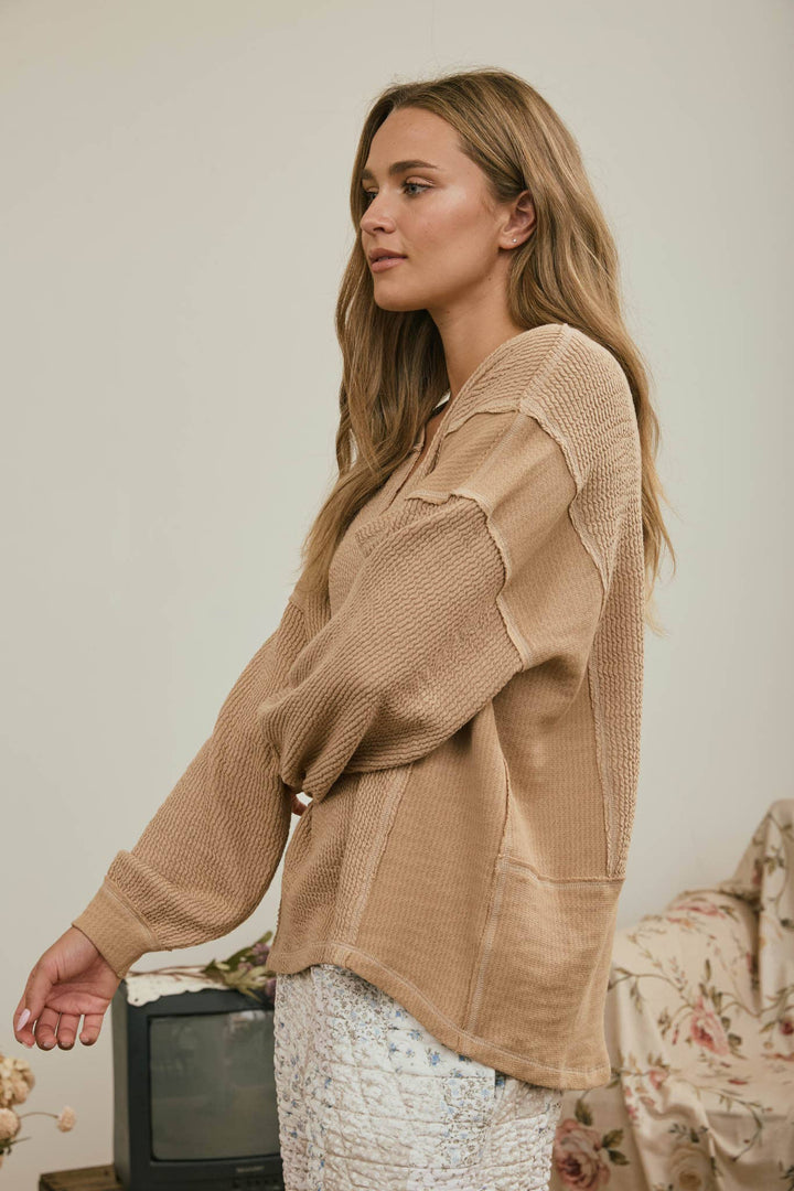 Khaki Split Neck Ribbed Top