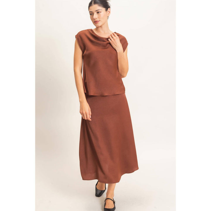 Brown Satin Top & Skirt Set