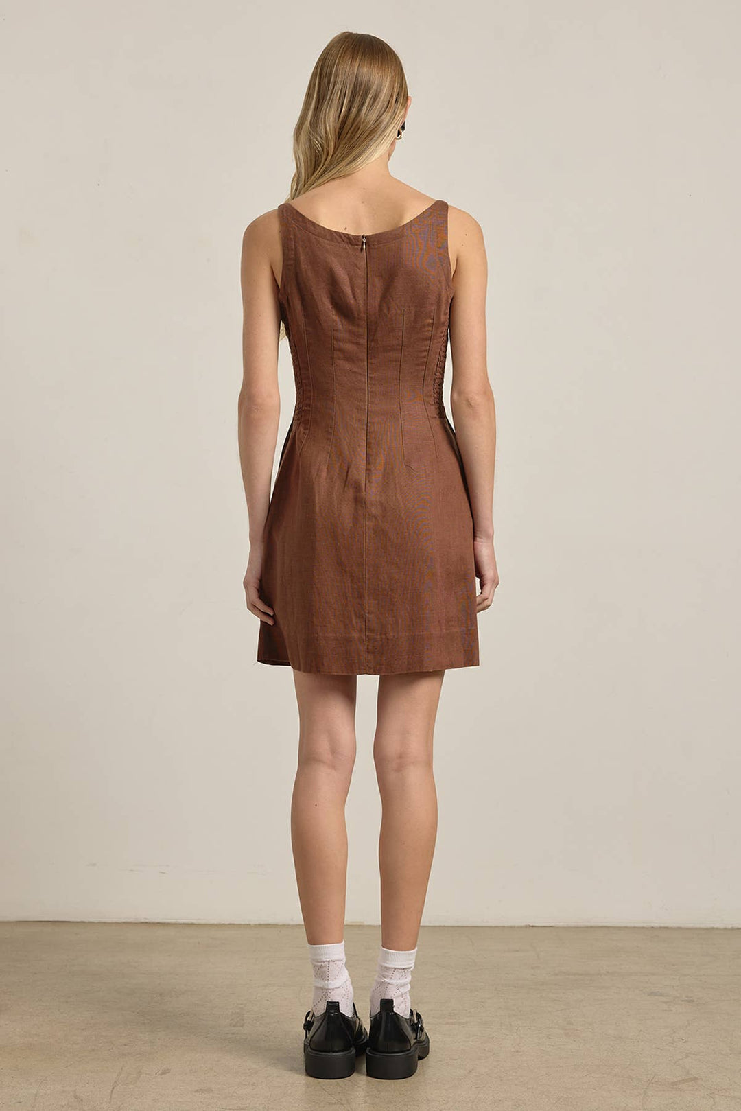 Brown Linen Square Neck Mini Dress