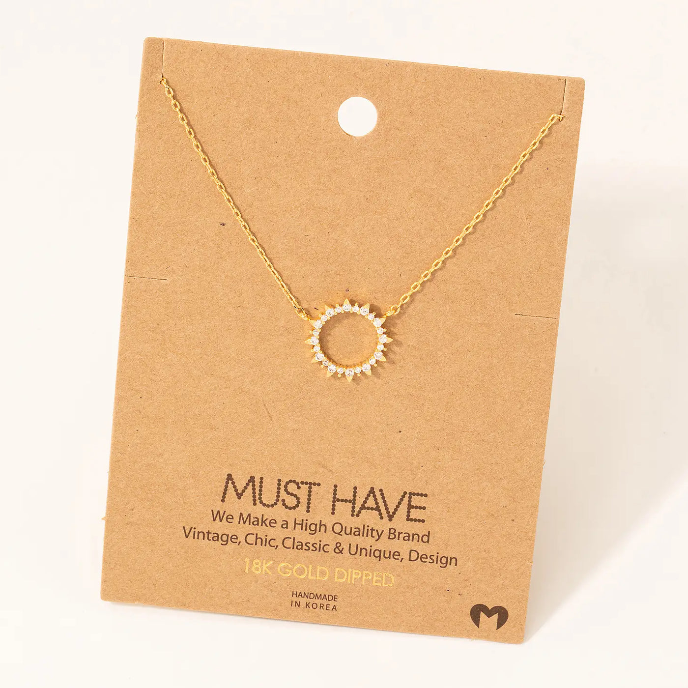 Gold Pave Circle Sun Pendant Necklace