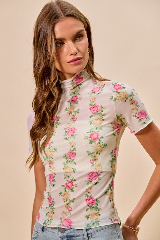 Pink Floral Rose Print Mesh Top