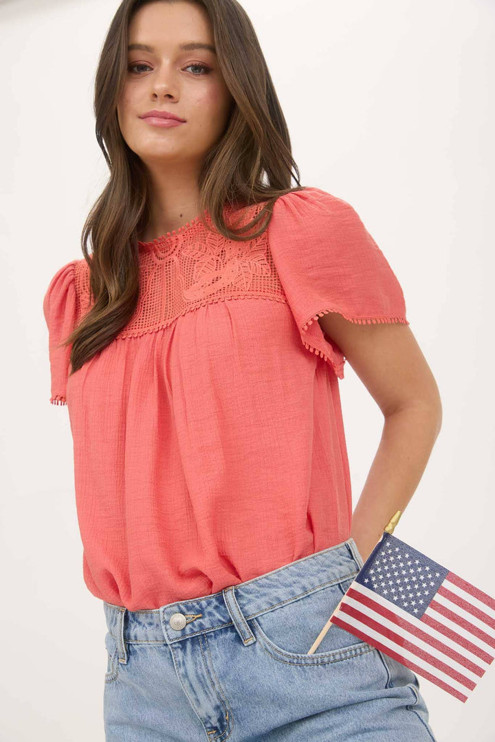 Coral Sheer Lace Pom Pom Blouse