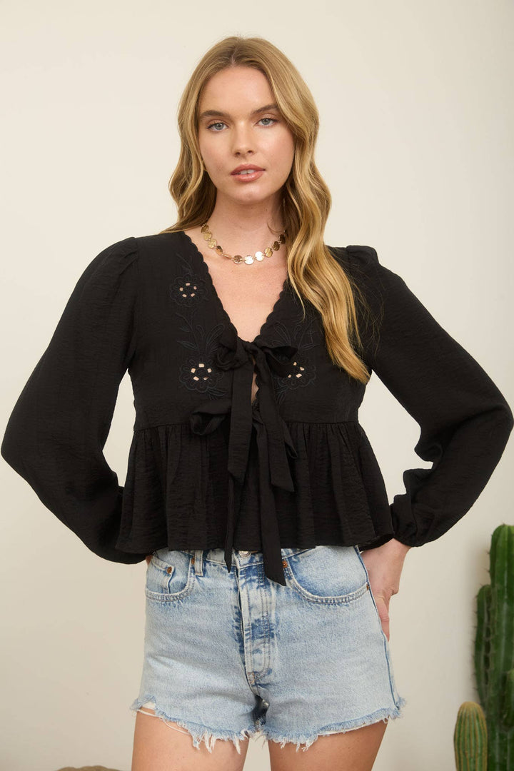 Black Floral Eyelet Front Tie Top