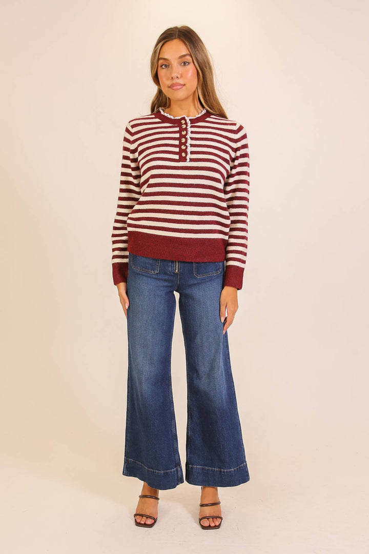 Burgundy Stripe Henley Knit Sweater