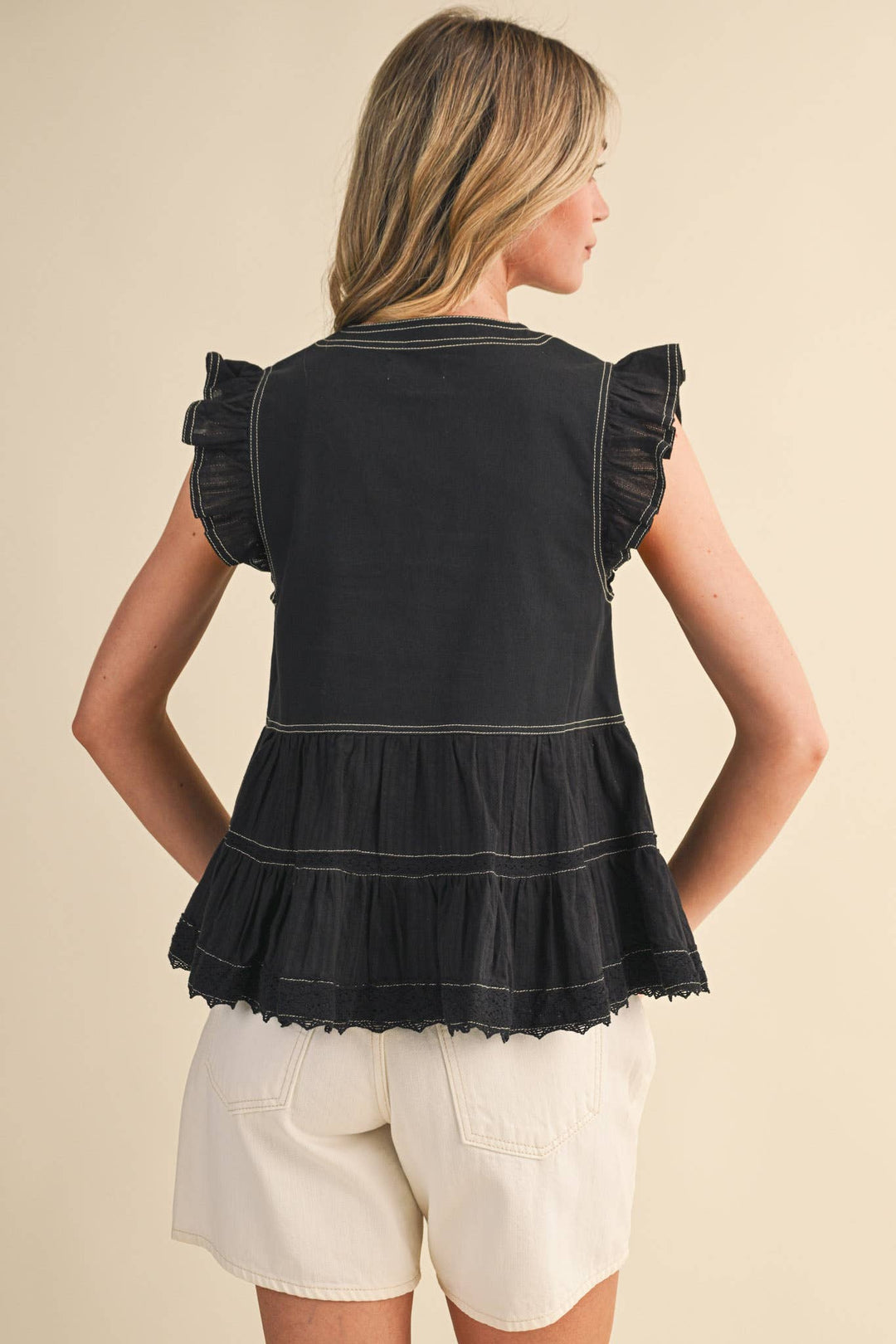Black Stitch Lace Trim Top