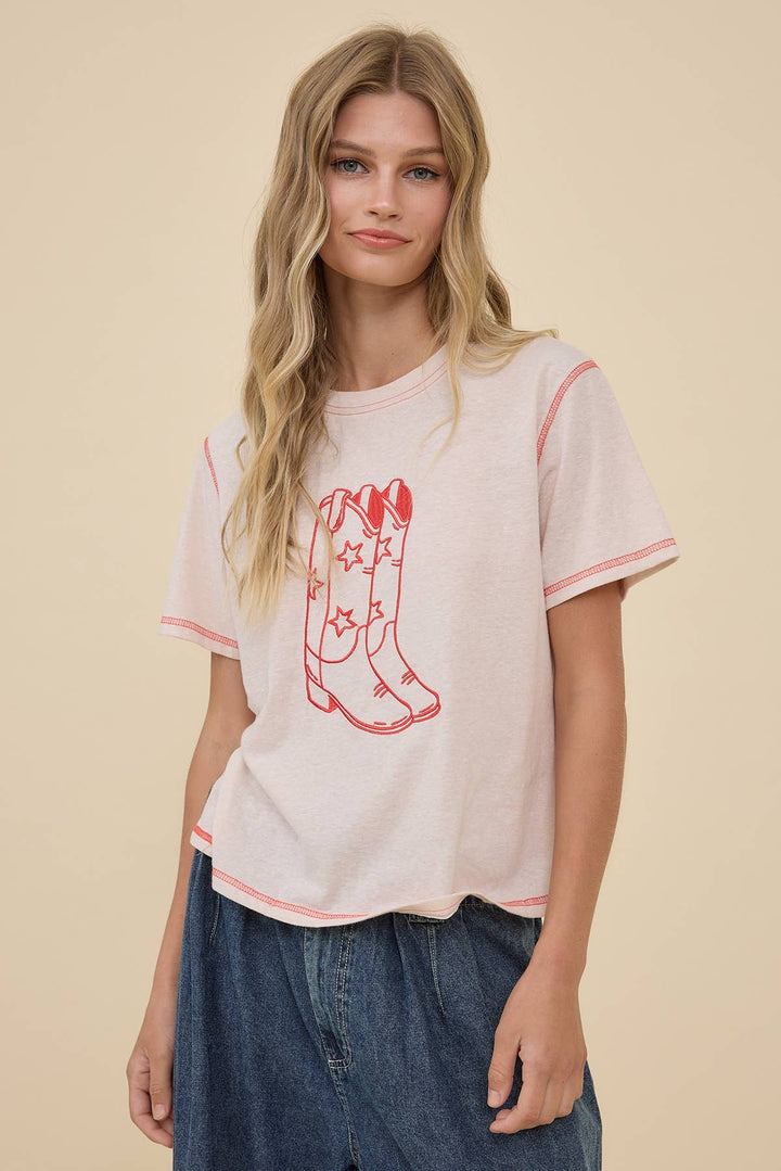 Western Boots Embroidered Contrast Tee