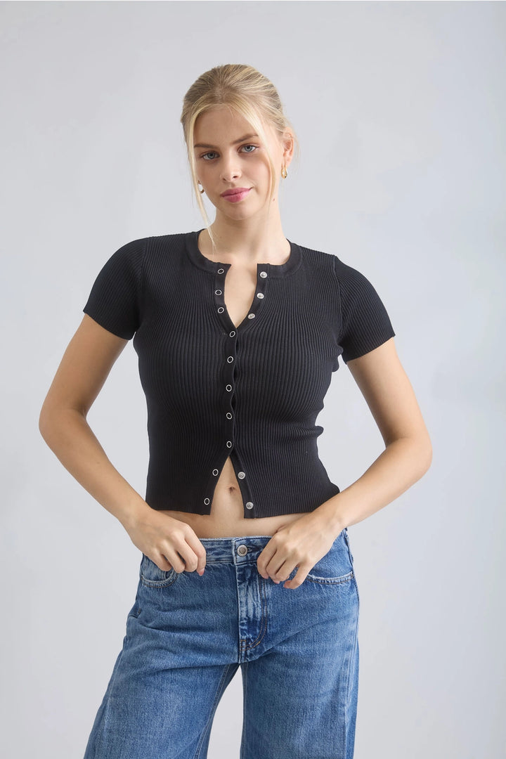 Black Snap Button Short Sleeve Cardigan