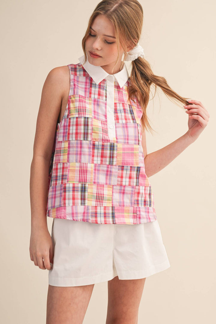 Pink Plaid Patchwork Sleeveless Top