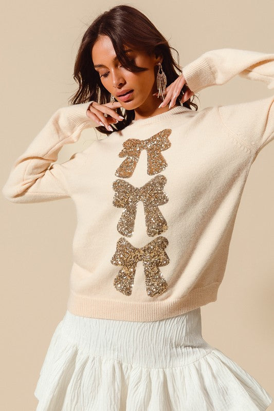 Cream Sequin Bow Sweater