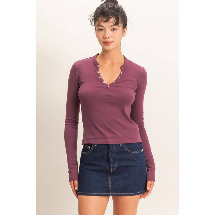 Dark Cherry Long Sleeve Henley Top