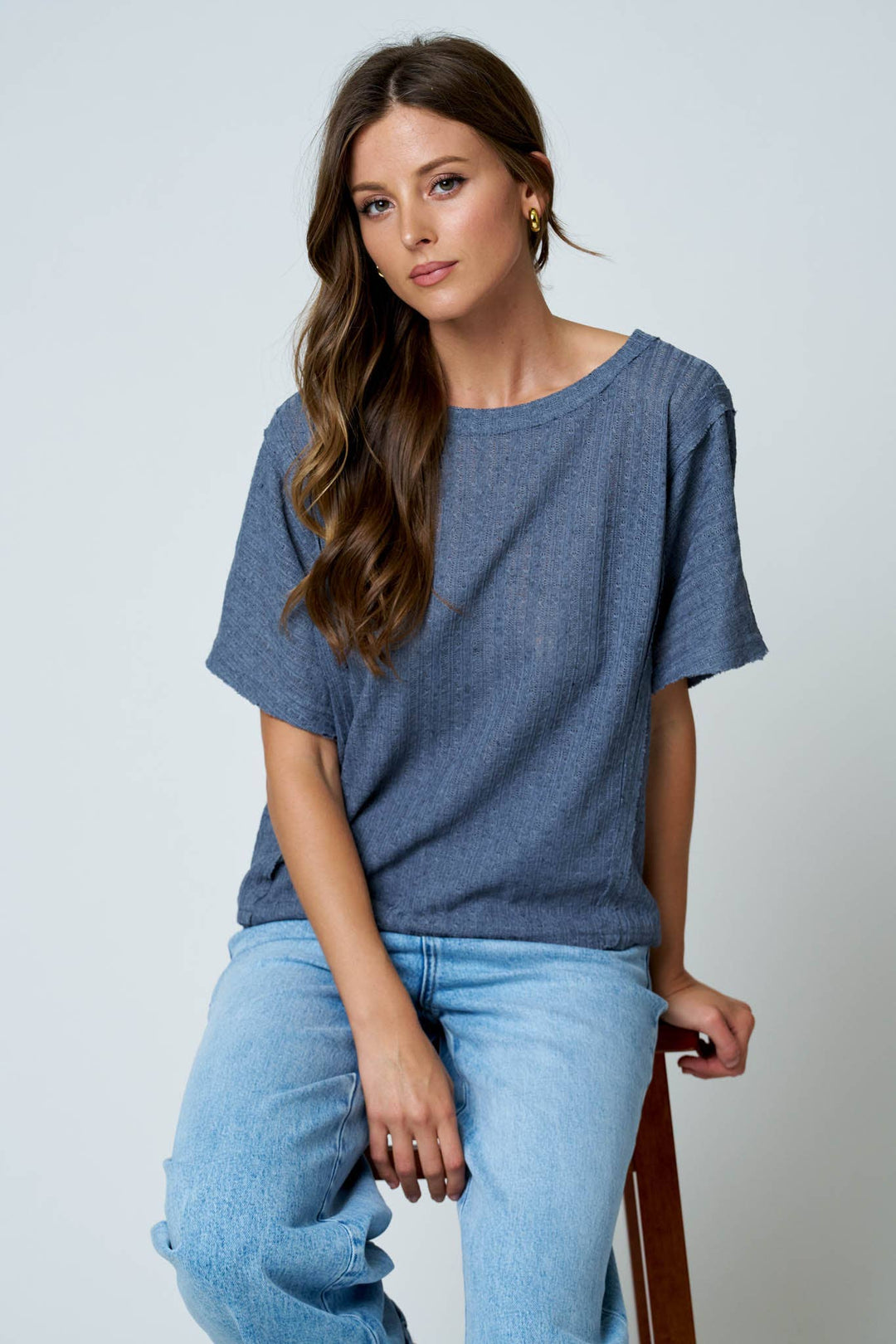 Dusty Blue Exposed Seam Dolman Top