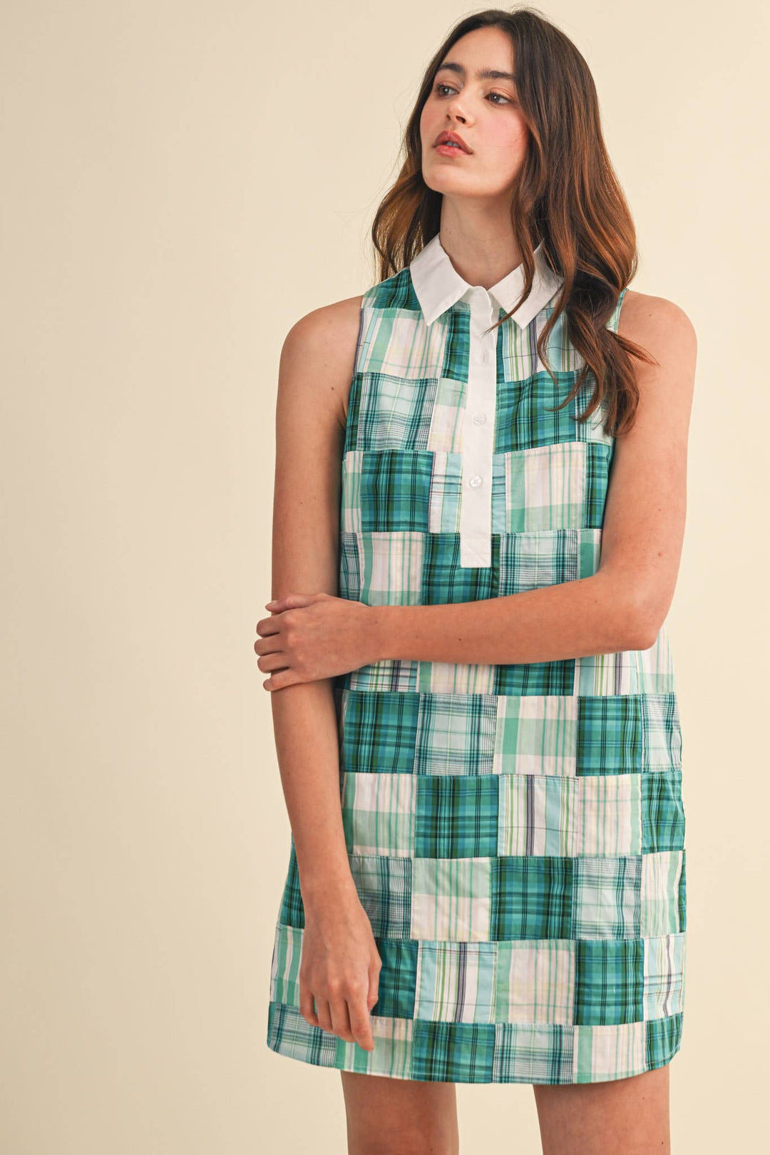Teal Plaid Patchwork Mini Dress