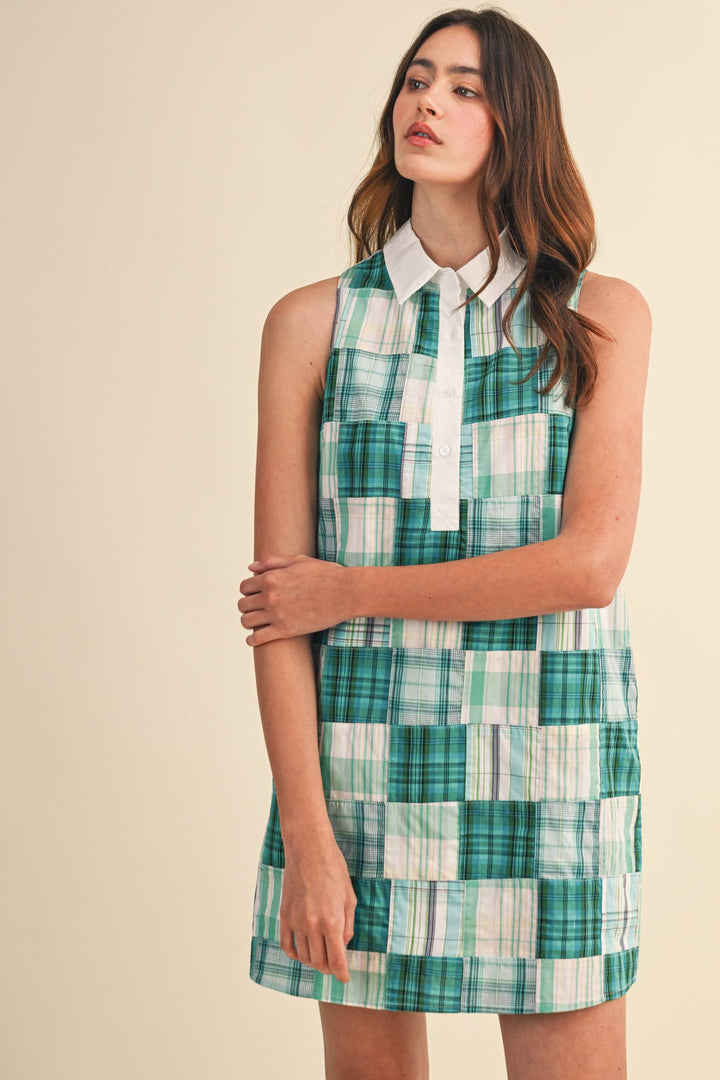 Teal Plaid Patchwork Mini Dress
