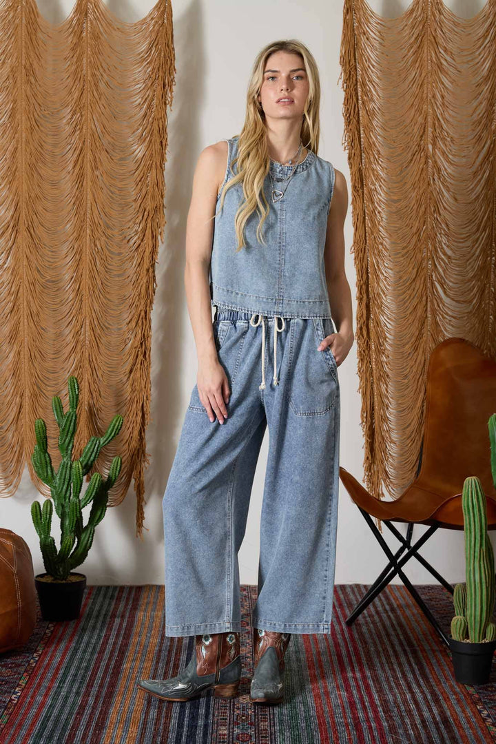 Denim Button Back Sleeveless Top