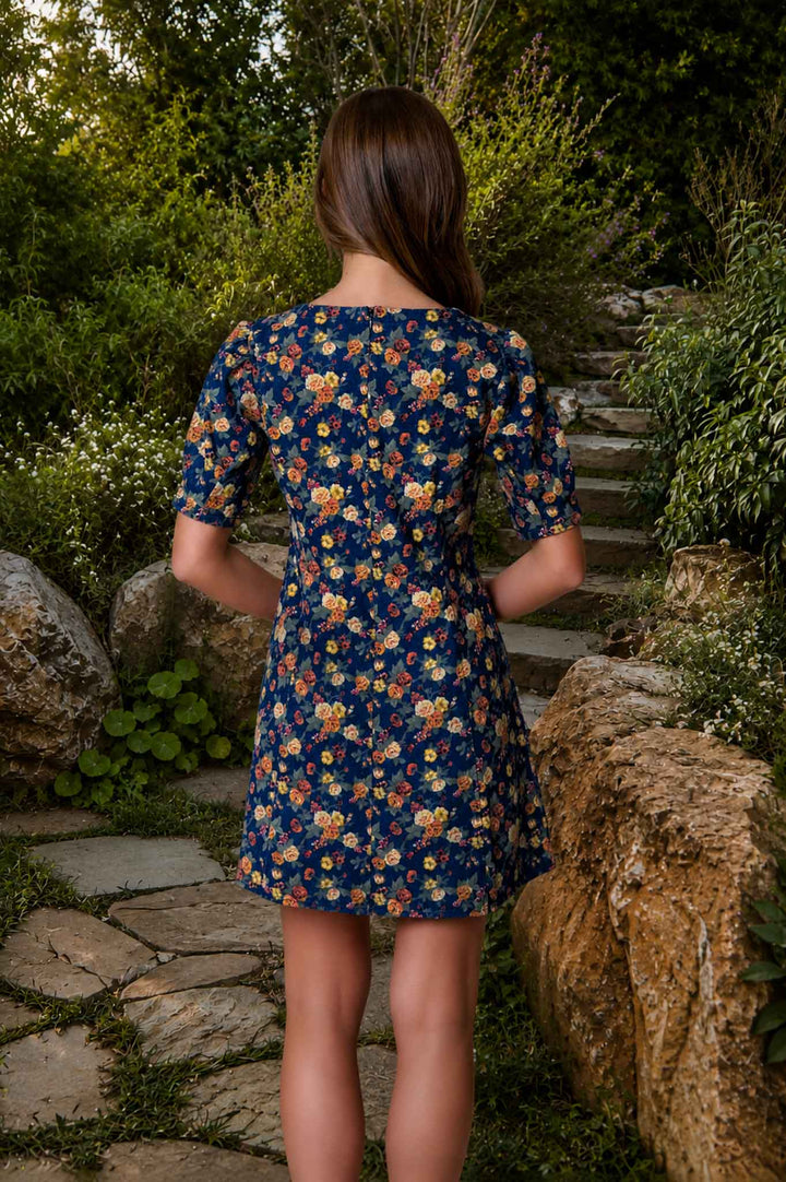 Denim Floral Puff Sleeve Mini Dress