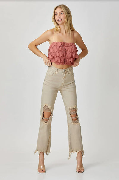 Risen Sand High Rise Distressed Straight Leg Jeans