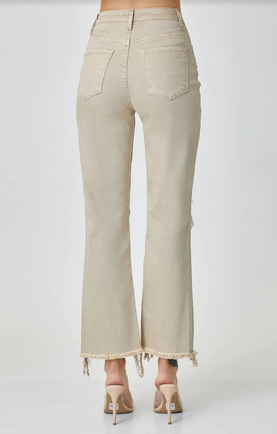 Risen Sand High Rise Distressed Straight Leg Jeans