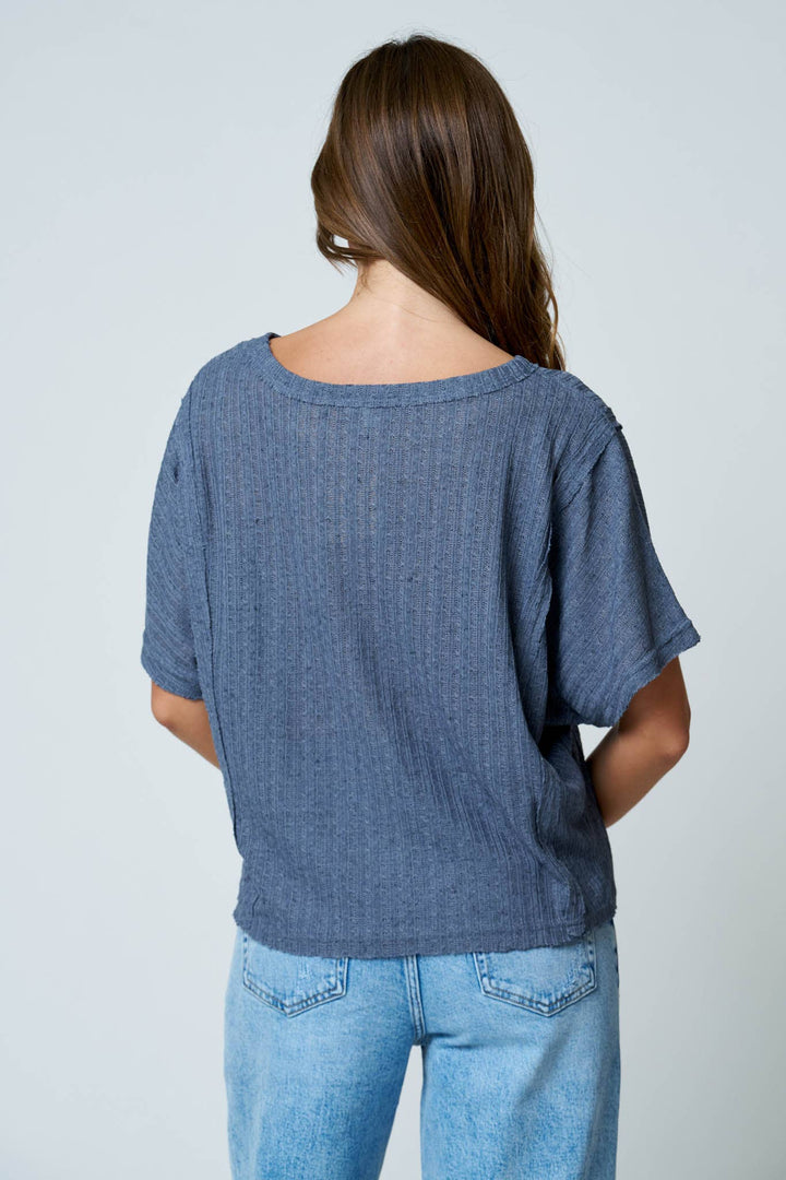 Dusty Blue Exposed Seam Dolman Top