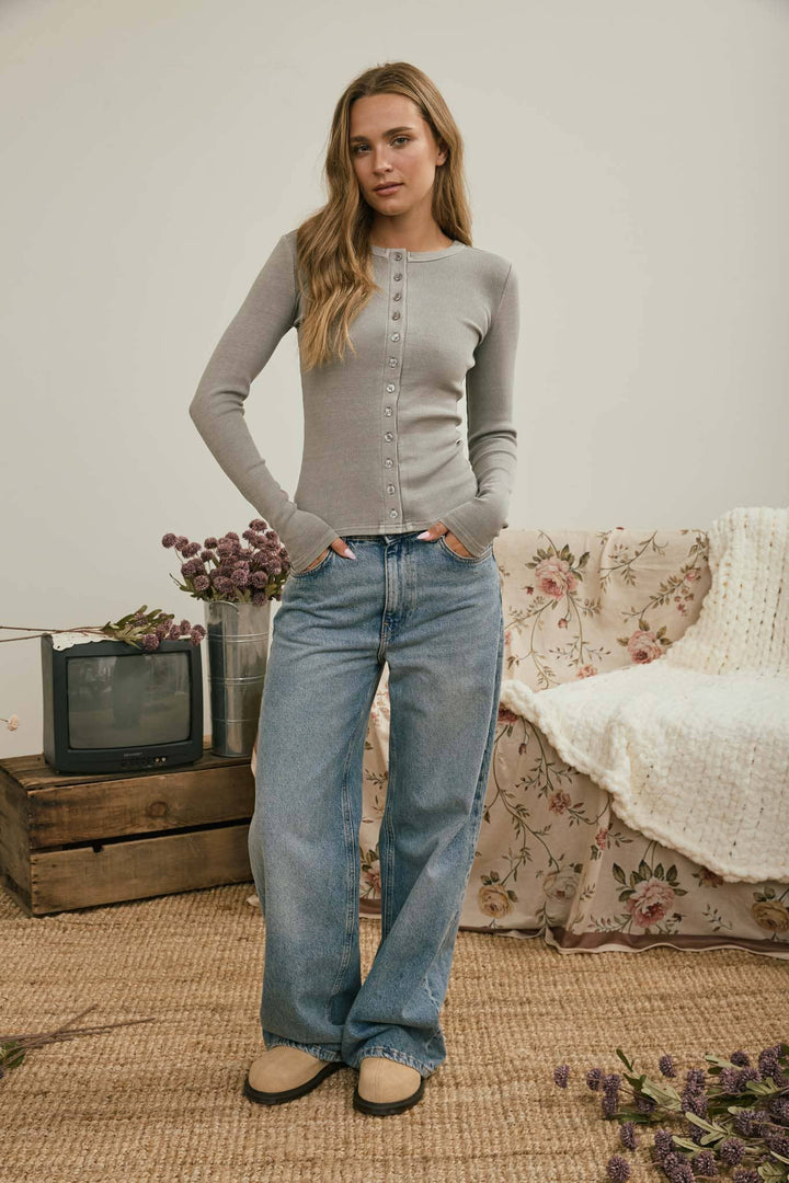 Grey Button Front Knit Top