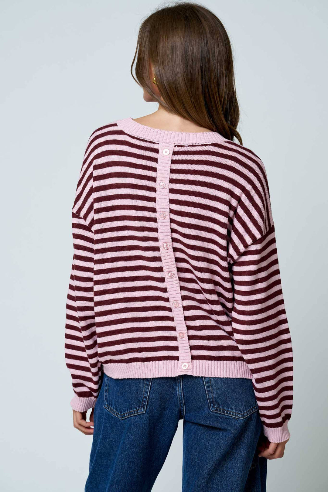 Pink Striped Button Back Sweater