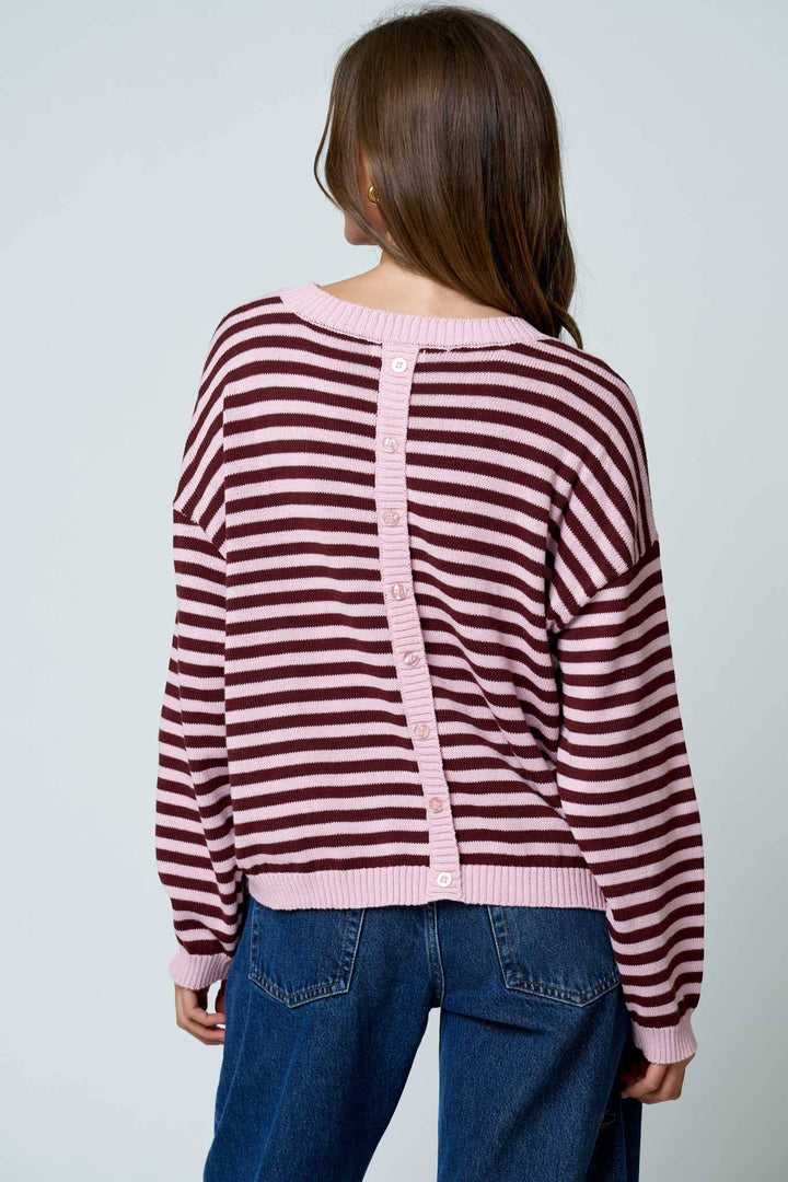 Pink Striped Button Back Sweater