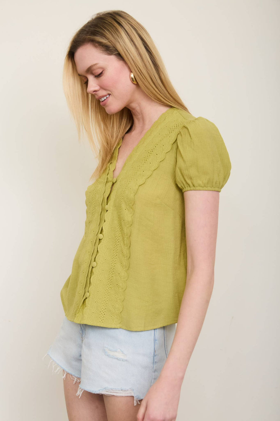 Kiwi Scallop Lace Button Down Top