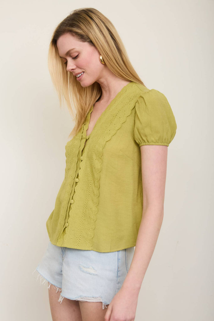 Kiwi Scallop Lace Button Down Top