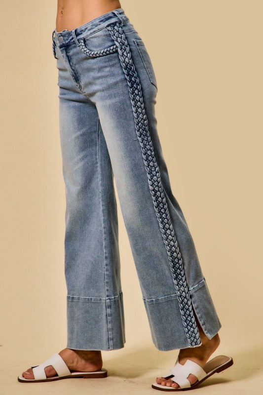 Braided Wide Leg Flare Jeans