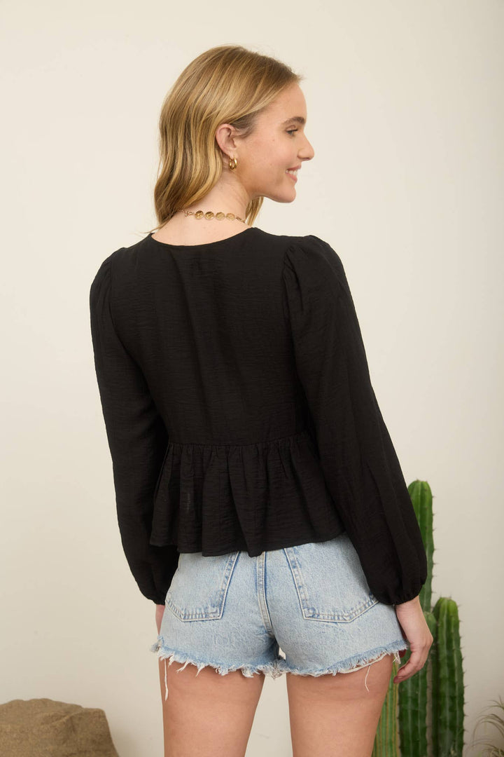 Black Floral Eyelet Front Tie Top