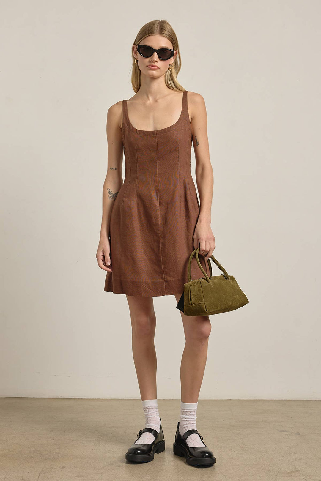Brown Linen Square Neck Mini Dress