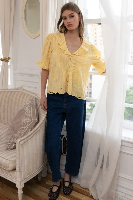 Butter Yellow Embroidered Collar Blouse