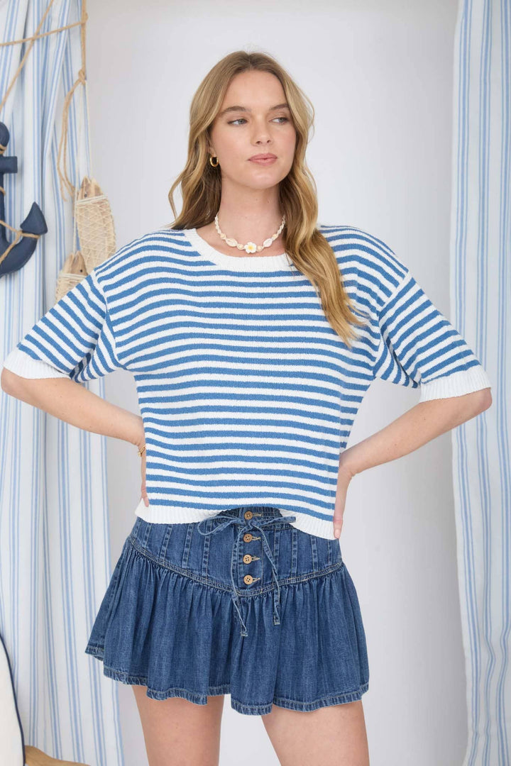 Blue Stripe Short Sleeve Sweater