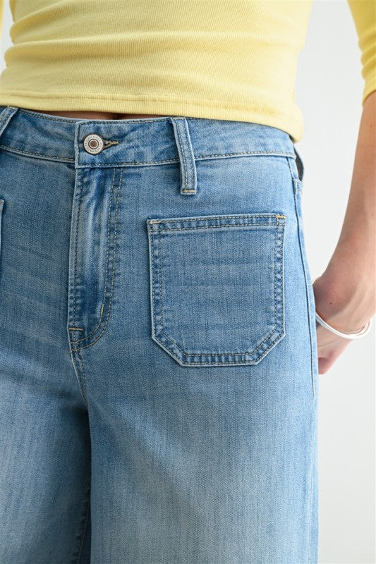 High Rise Wide Leg Patch Pocket Jeans