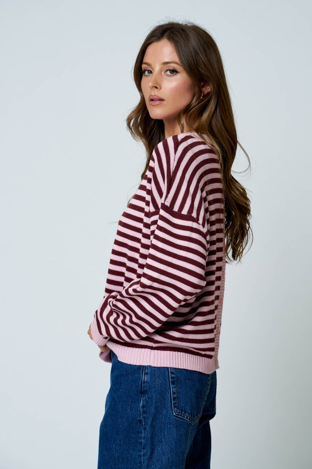 Pink Striped Button Back Sweater