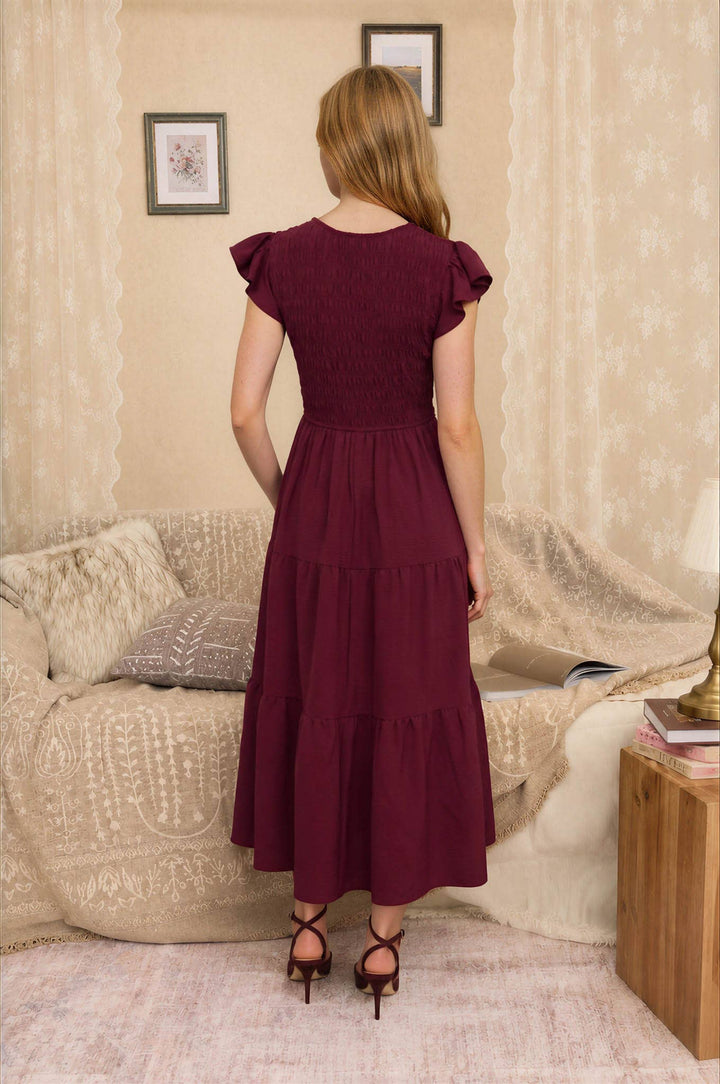 Burgundy Flutter Sleeve Midi Dress
