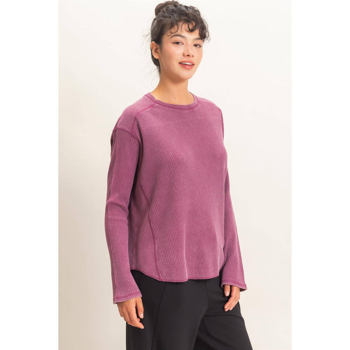 Dark Cherry Mineral Washed Waffle Knit Top