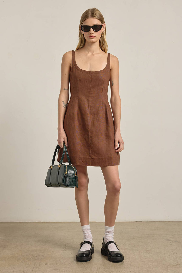 Brown Linen Square Neck Mini Dress