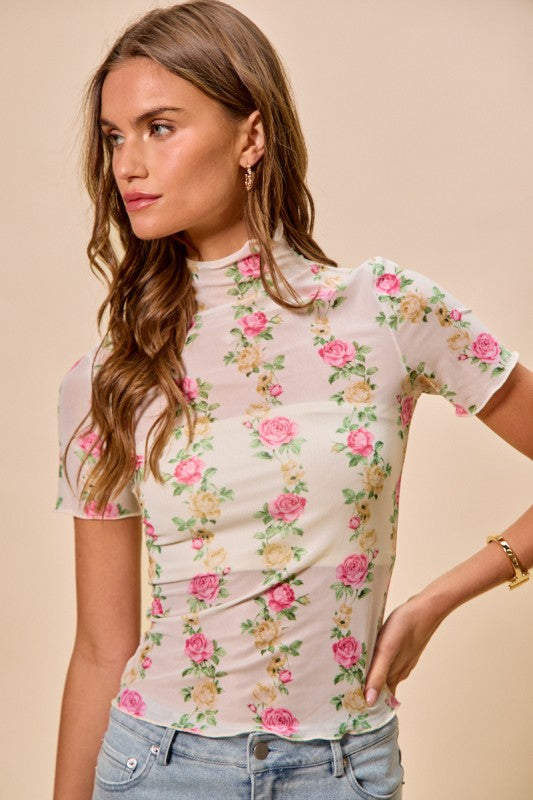 Pink Floral Rose Print Mesh Top