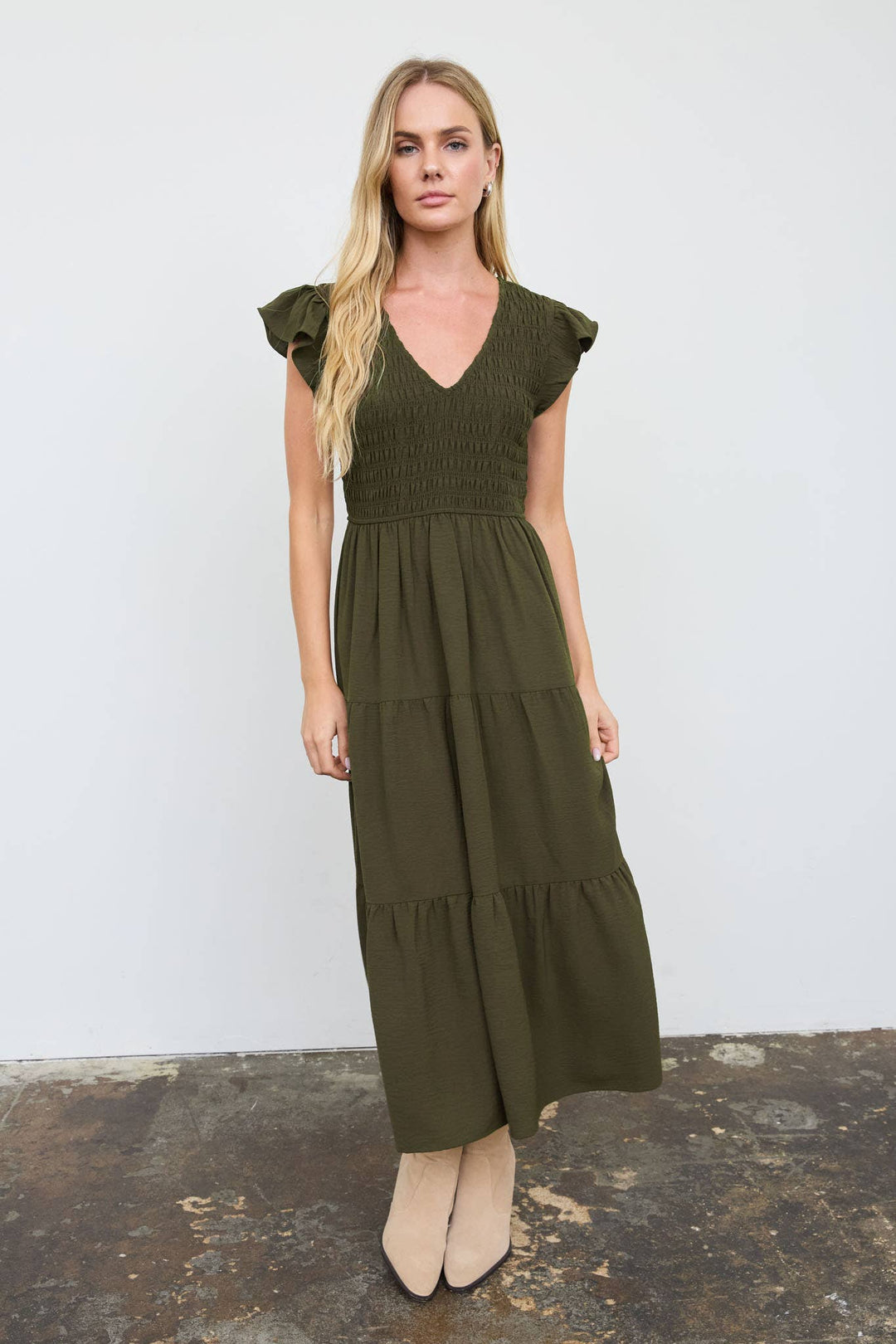 flutter sleeve green dress Dusty Olive Midi S Kraft Green Goddess Dressing Occasion:Bridal Do Not Bleach Cloth Size:XS
