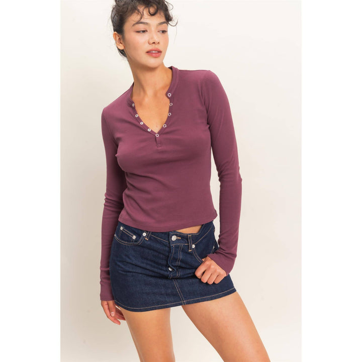 Dark Cherry Long Sleeve Henley Top
