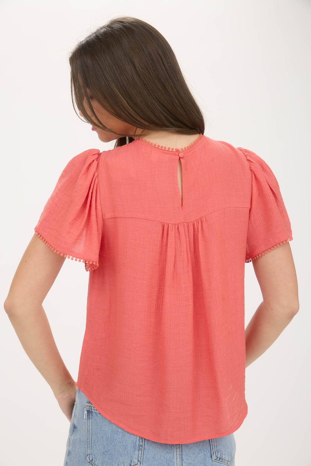 Coral Sheer Lace Pom Pom Blouse