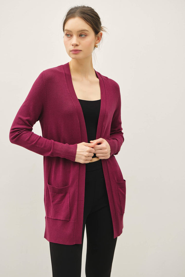 Dark Wine Open Front Cardigan