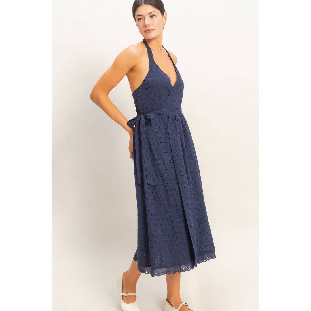 Navy Halter Neck Midi Dress