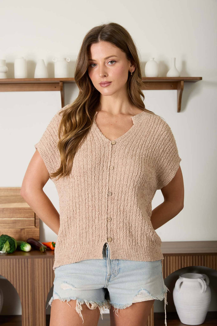 Khaki Short Sleeve Button Down Sweater