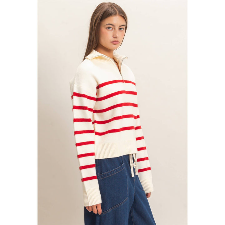 Red Stripe Half-Zip Collared Sweater