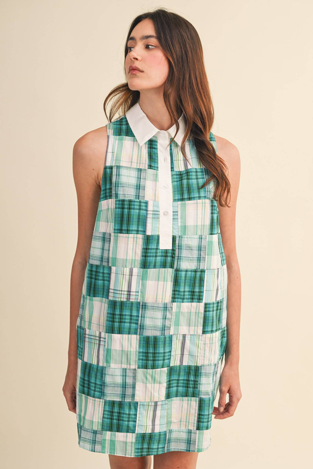 Teal Plaid Patchwork Mini Dress