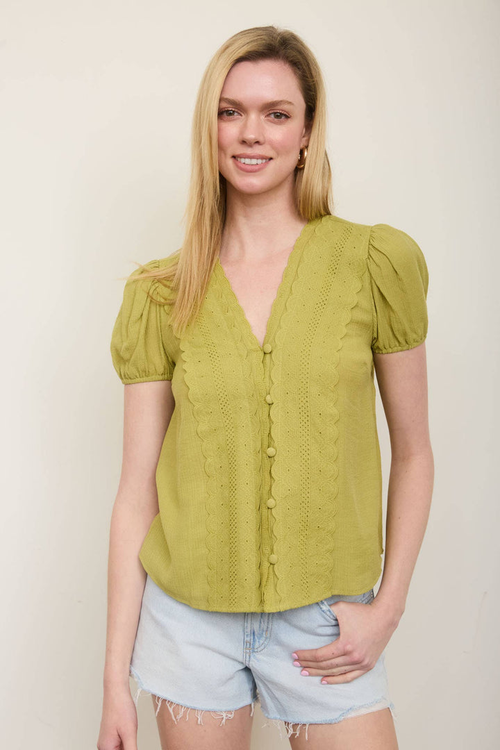 Kiwi Scallop Lace Button Down Top