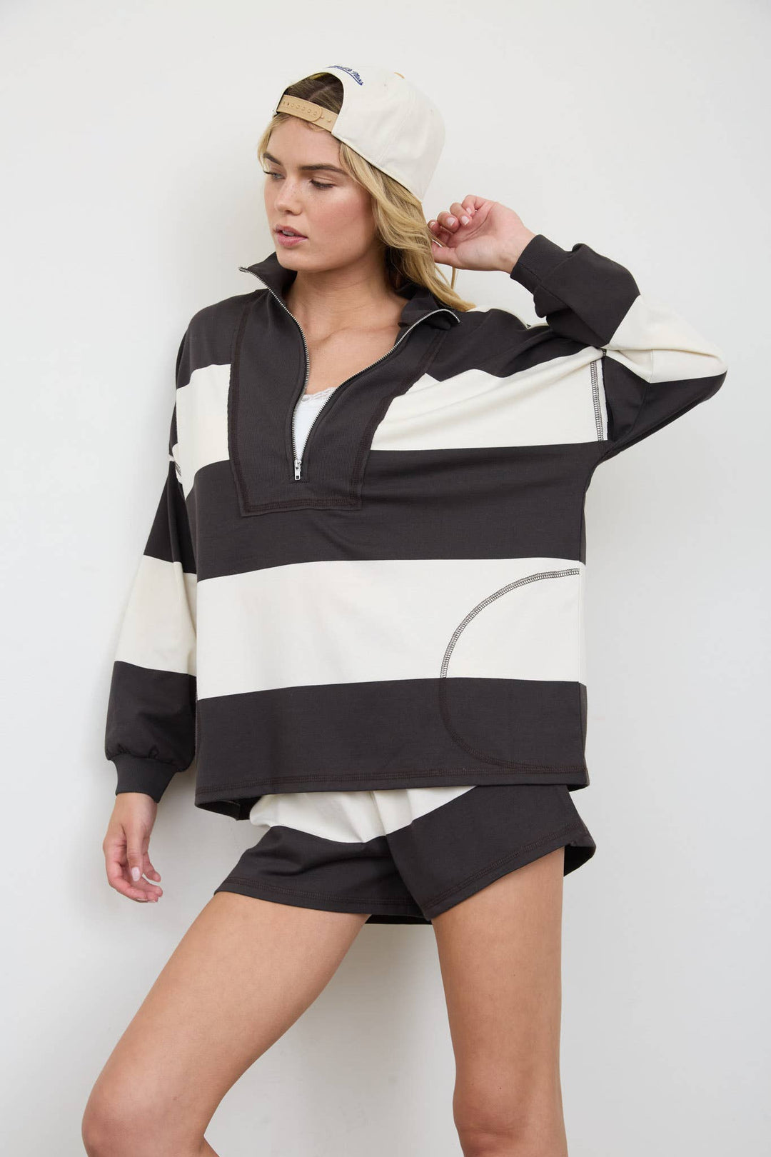 Charcoal Wide Stripe Half Zip Top