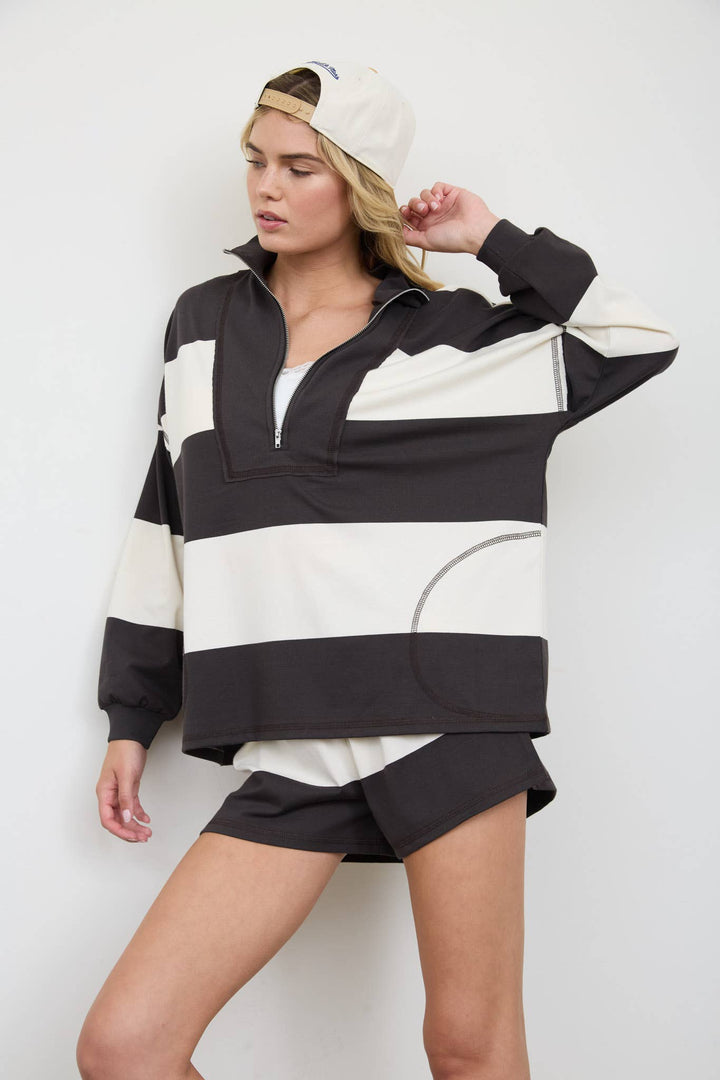 Charcoal Wide Stripe Half Zip Top