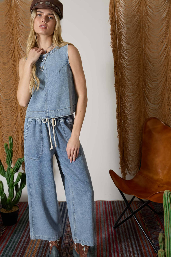 Denim Button Back Sleeveless Top